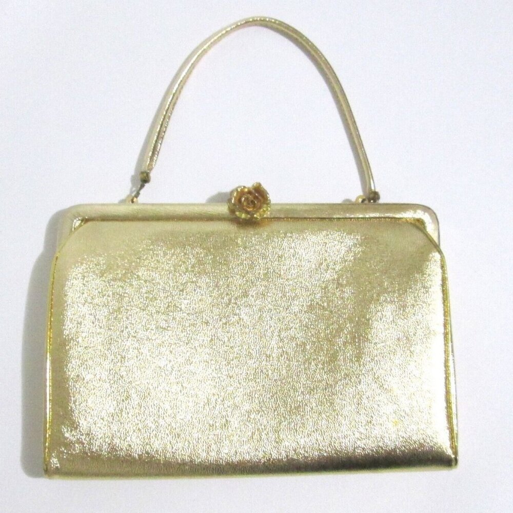 After Five Clutch Purse Faux Gold Leather Evening Bag Goldtone Rose Clasp